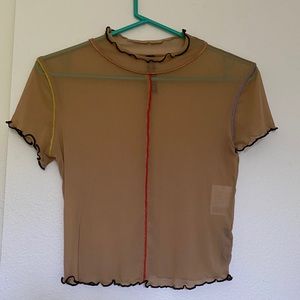 Sheer overstitch mock neck crop top